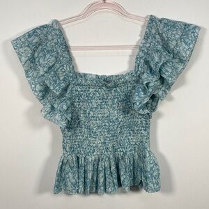 Love The Label Smocked Peplum Blouse Worn on TV Women's Medium Blue